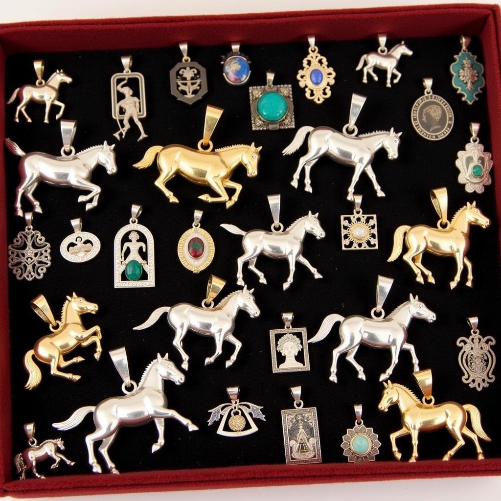 A collection of different styles of horse pendant necklaces