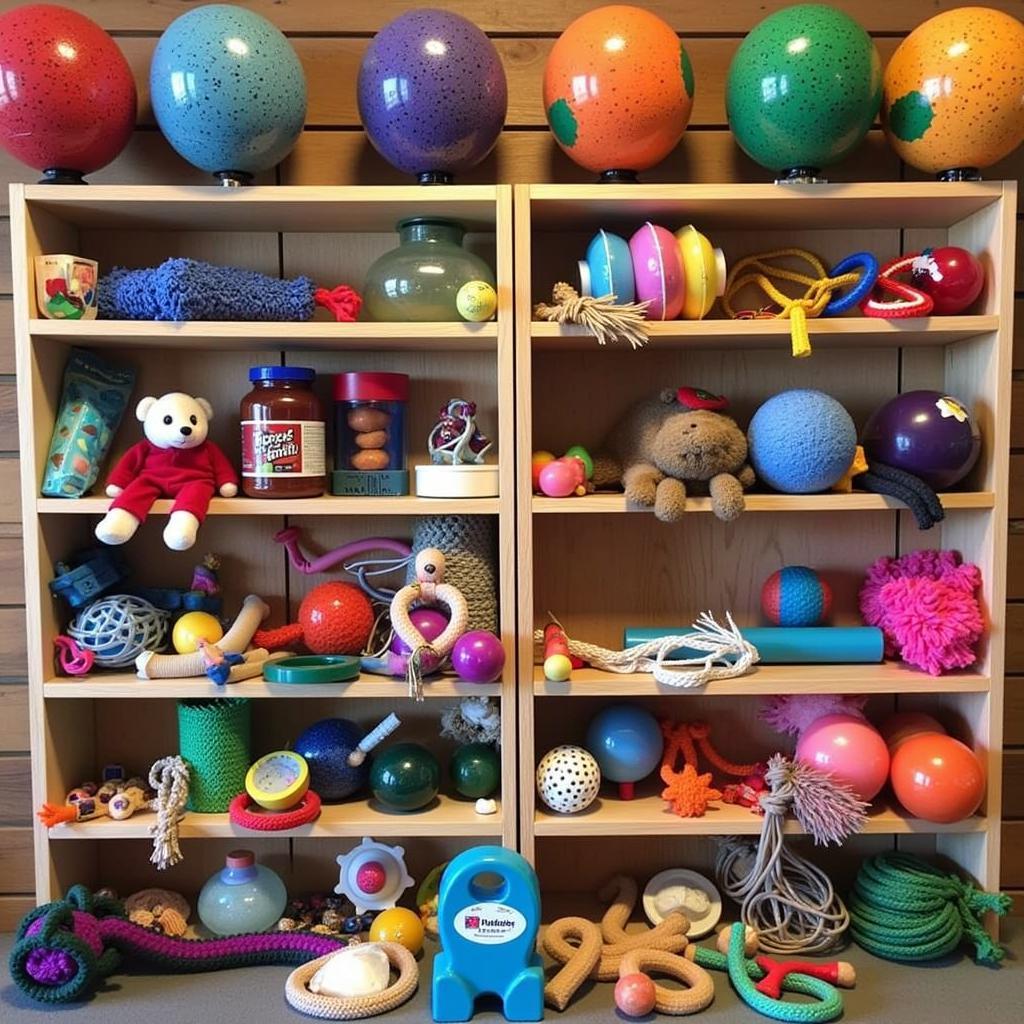 Assortment of horse toys neatly arranged on shelves in a well-organized tack room