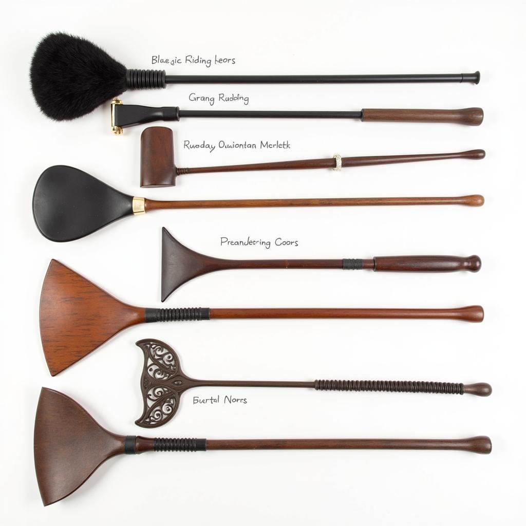 Different types of horse riding crops for various disciplines.