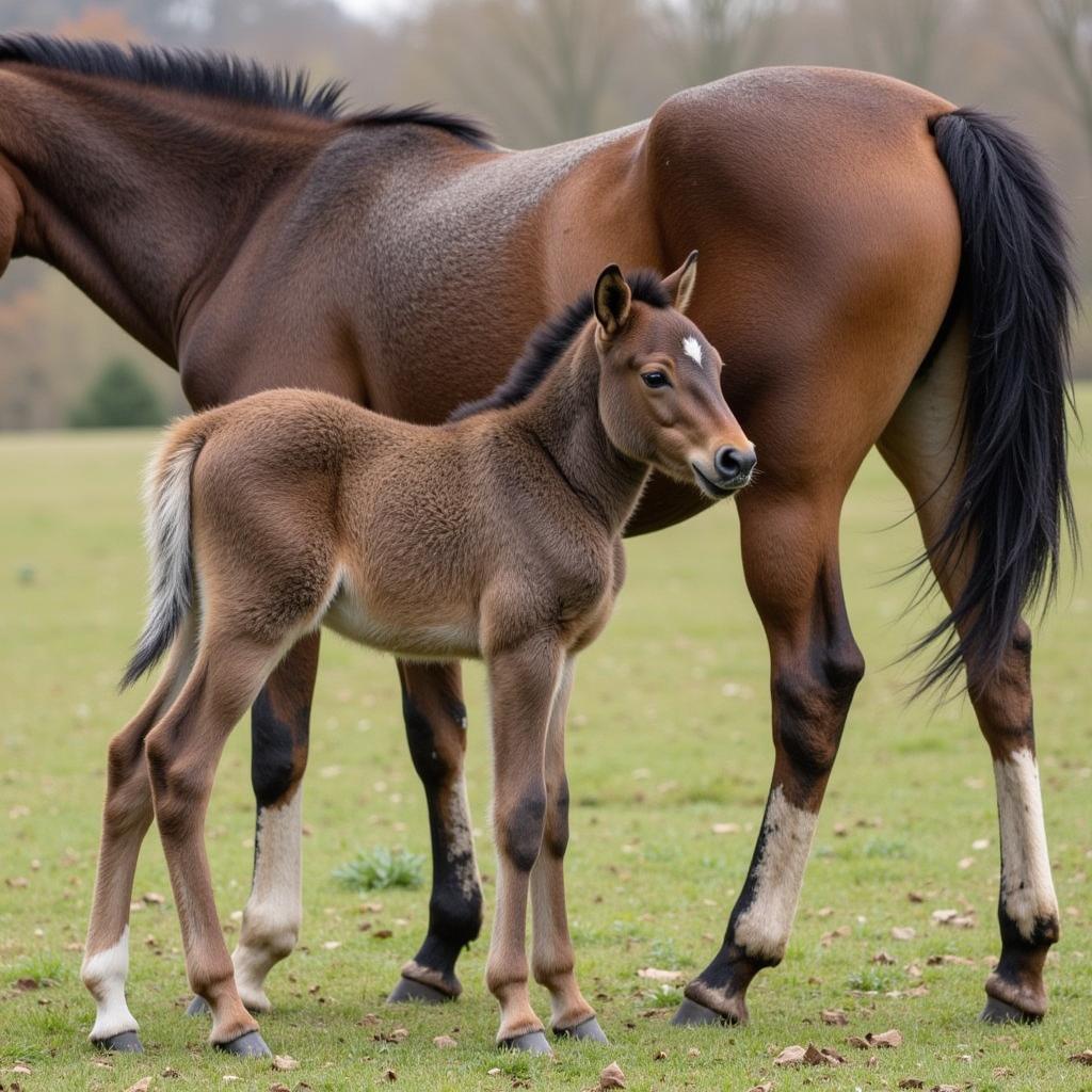 Varnish roan foal standing next to its dam