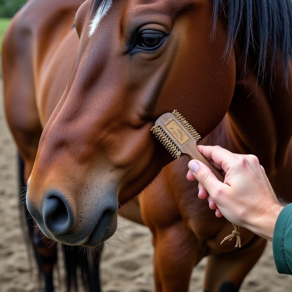  Close-up of a varnish roan horse being groomed