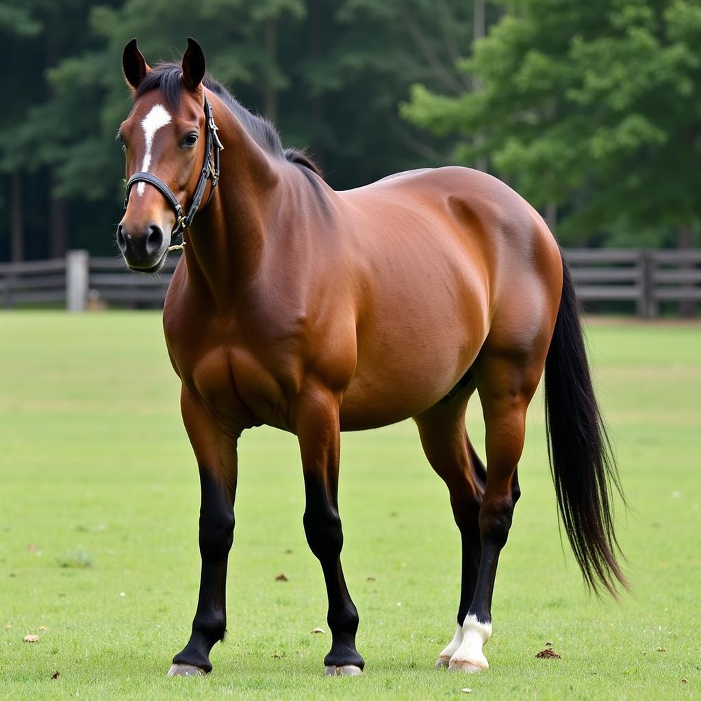 Vermont Blend horse standing in a field with its thick winter coat