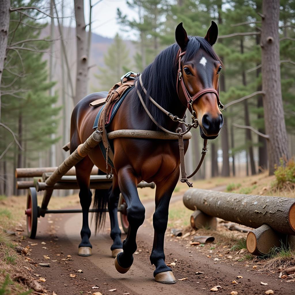 Vermont Blend horse pulling logs in a wooded area