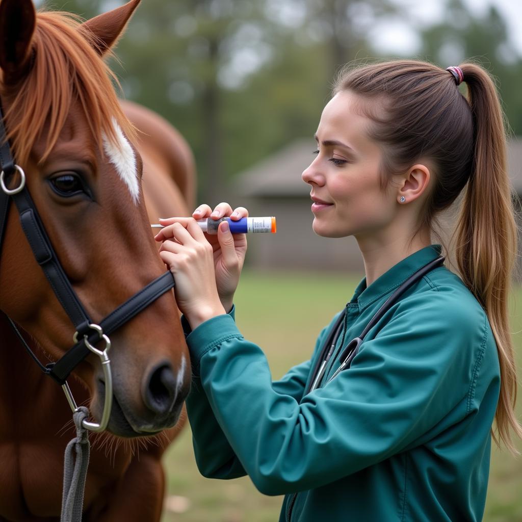 A veterinarian demonstrates the correct technique for administering oral medication to a horse using a dosing syringe.