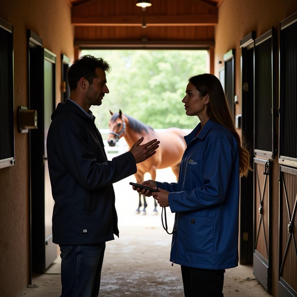 Veterinarian and horse owner discussing pain management options