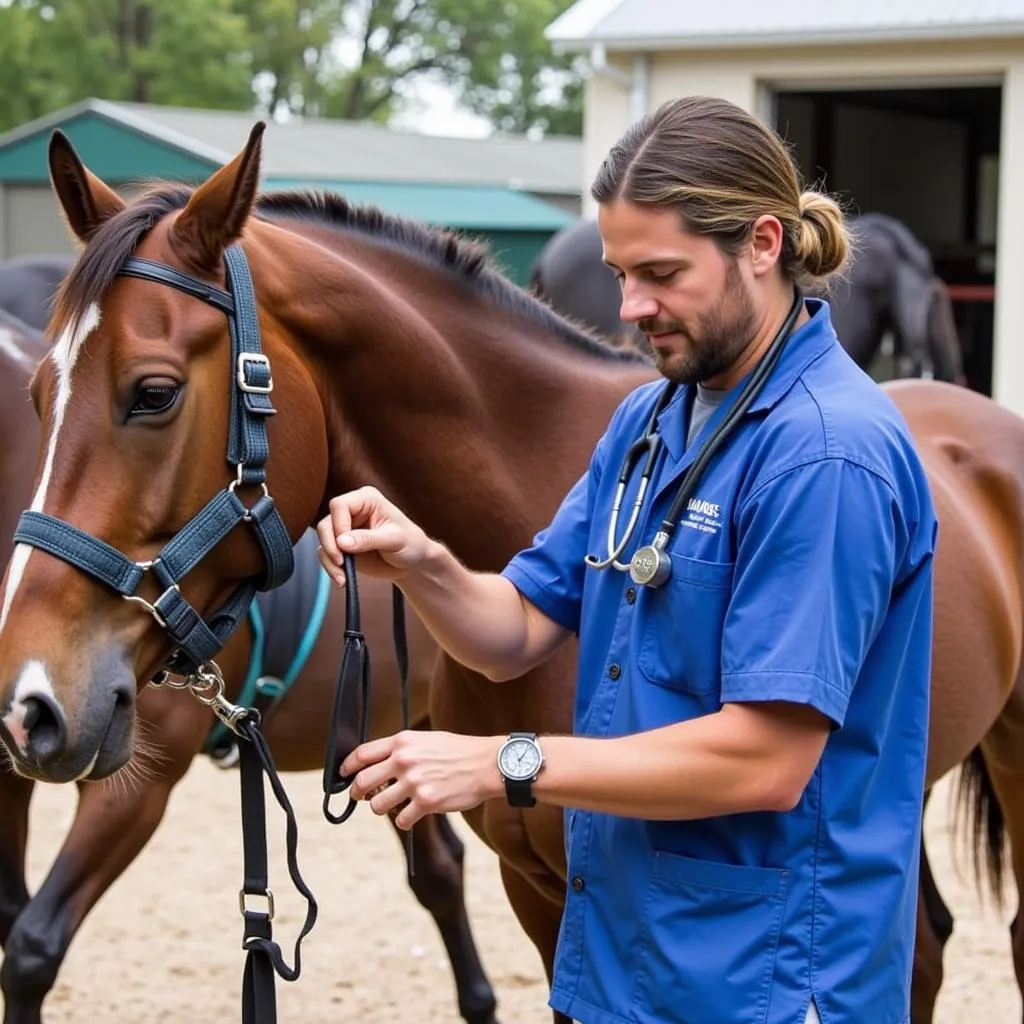 Horse in Sling with Veterinarian