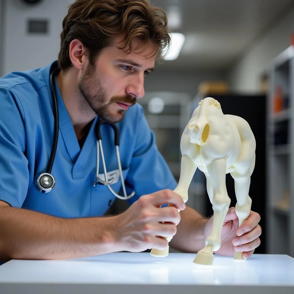 Veterinarian using a 3D printed horse leg model