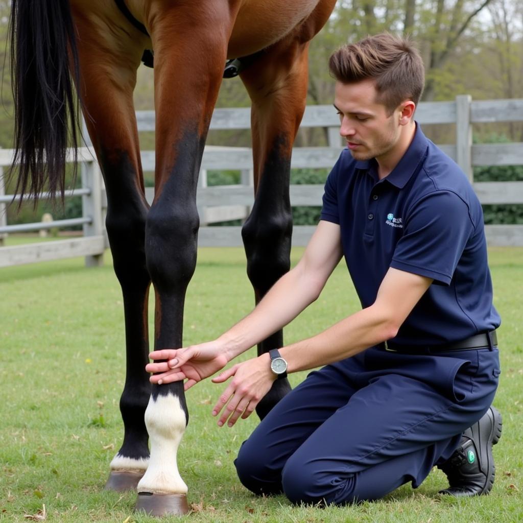  Veterinarian carefully examining a horse's leg