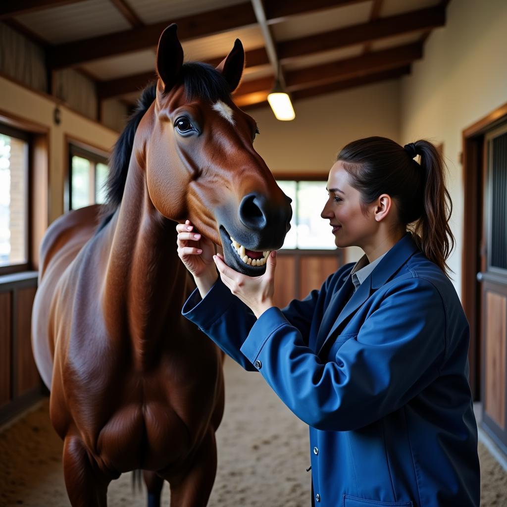 Veterinarian Examining a Horse's Teeth in a Stable