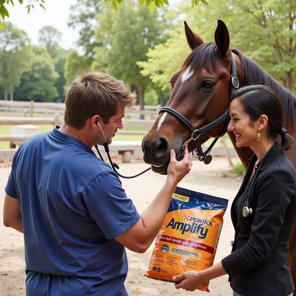  Veterinarian examining a horse for Purina Amplify