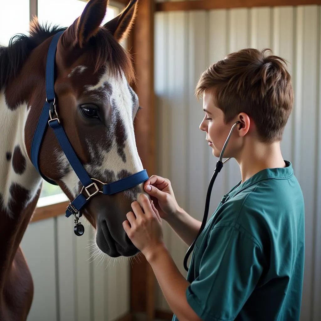 Veterinarian conducting a health check on an Appaloosa stallion