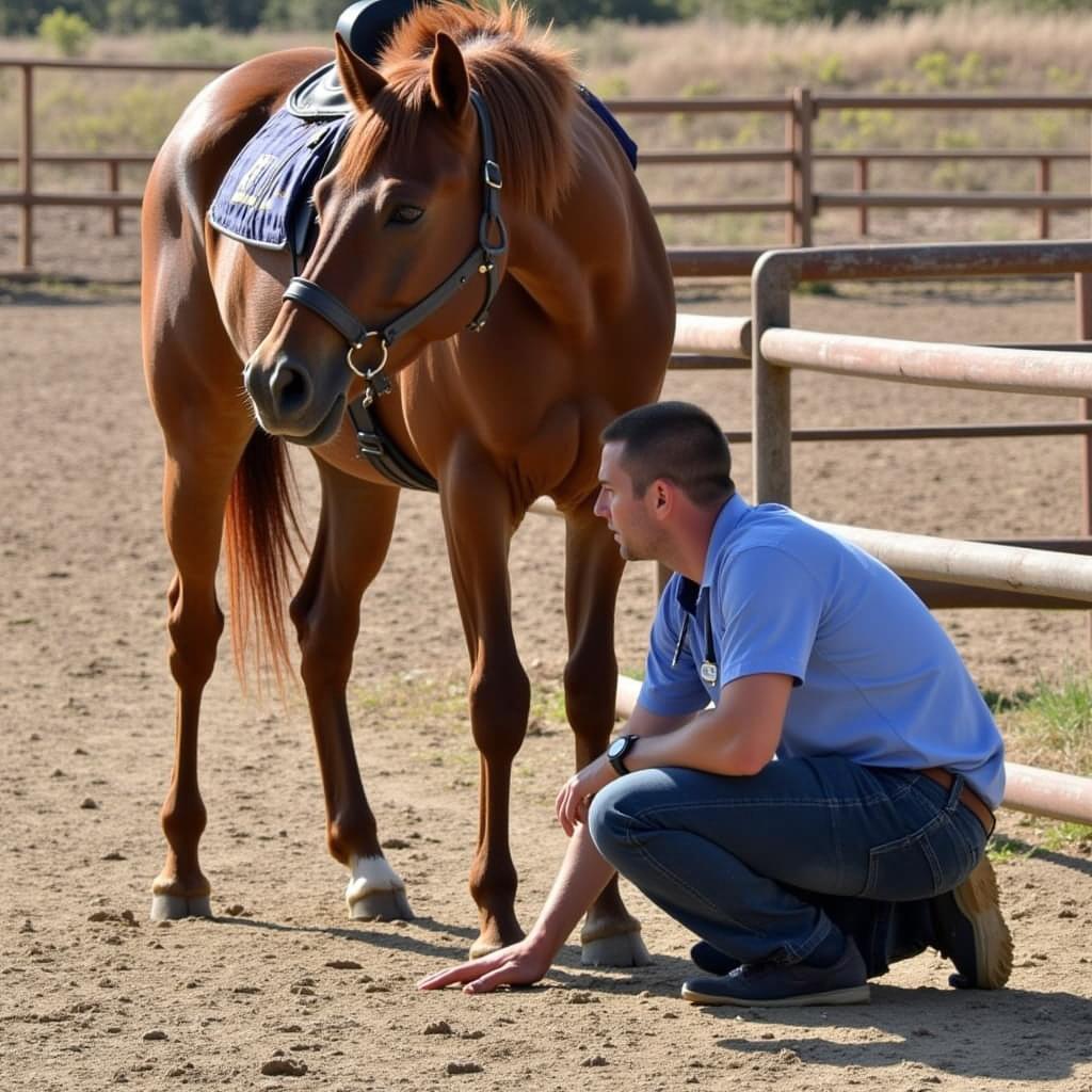 A veterinarian meticulously examining the legs of an Appendix Quarter Horse