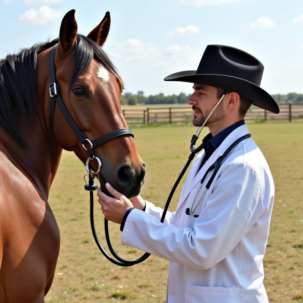 A veterinarian conducts a thorough physical examination of a buckskin Quarter Horse stallion