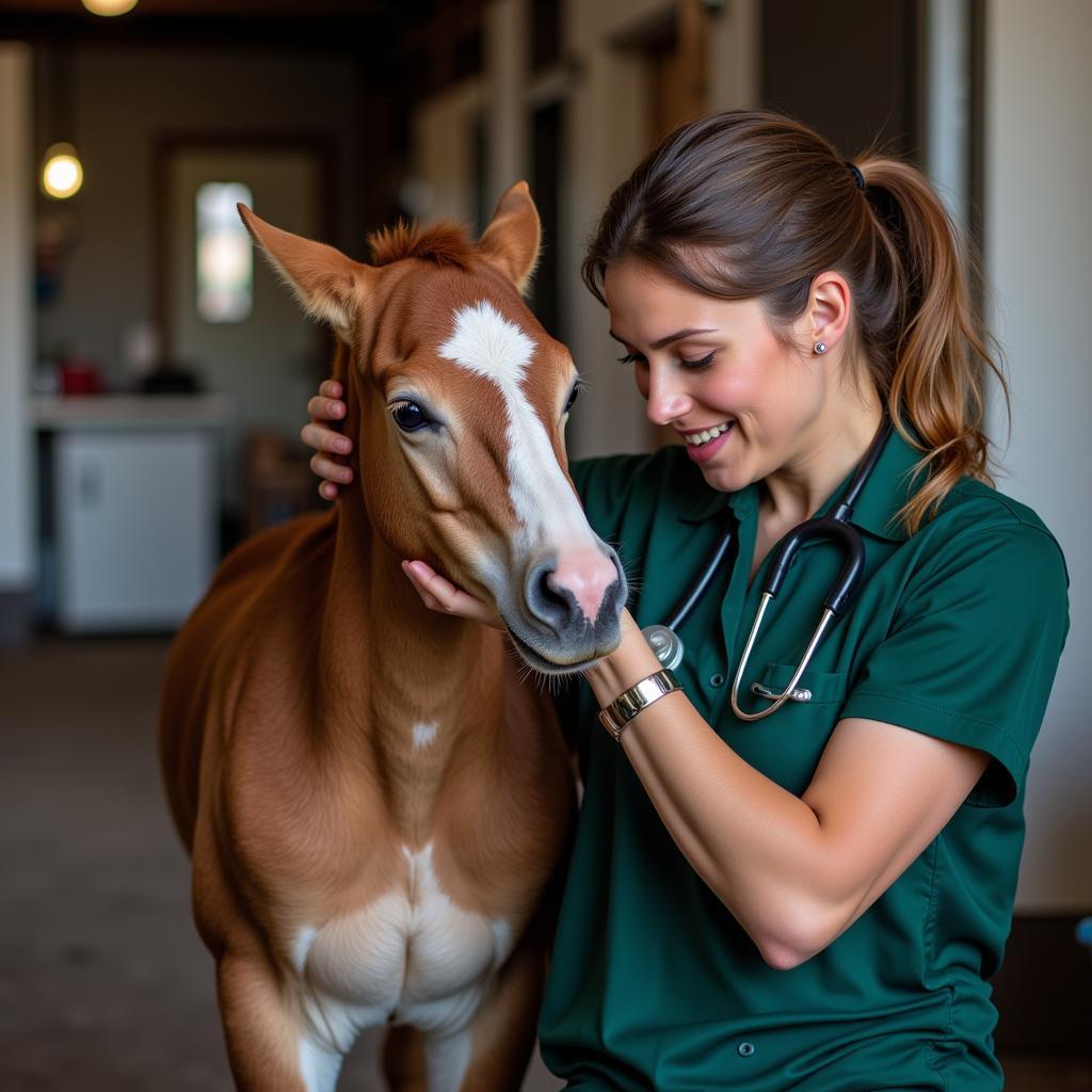 A veterinarian conducting a thorough physical examination on a young foal, emphasizing the importance of regular veterinary care in detecting and managing vermiculus infections.