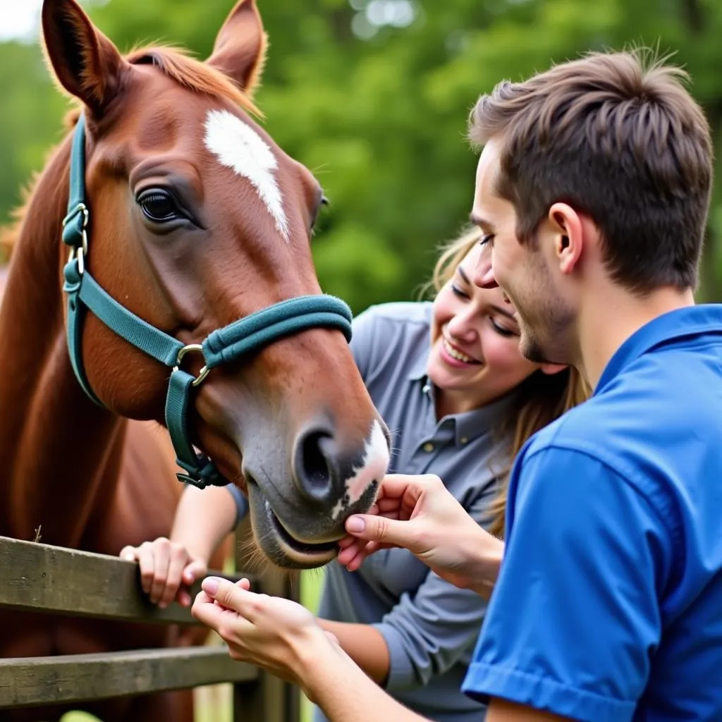 Veterinarian examining a horse with its owner