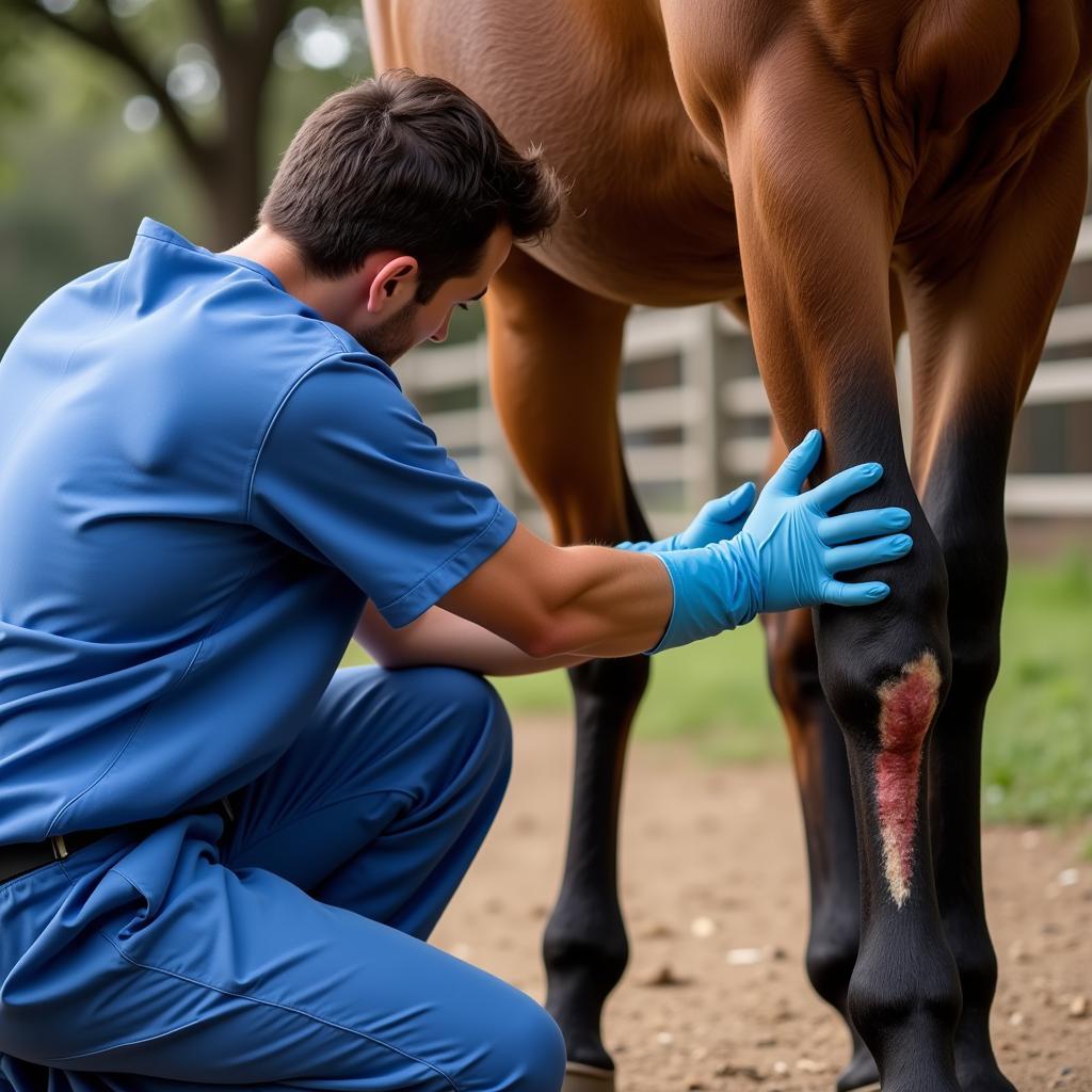 Veterinarian carefully examining a horse's leg