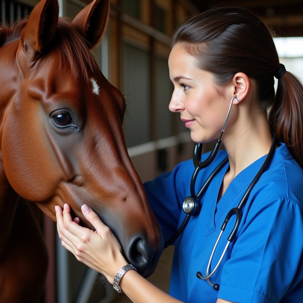 A veterinarian examines a horse for anxiety