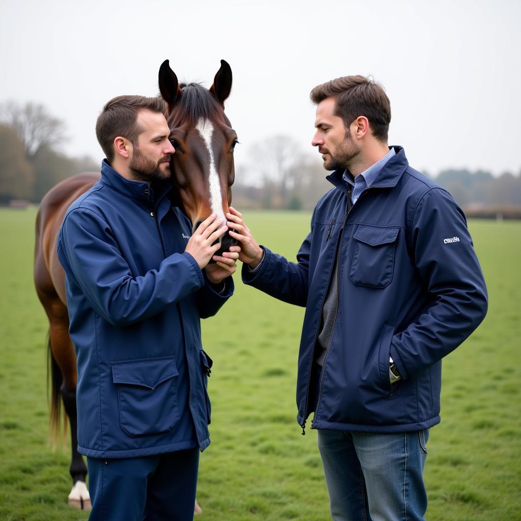 Veterinarian Examining a Horse in a Pasture