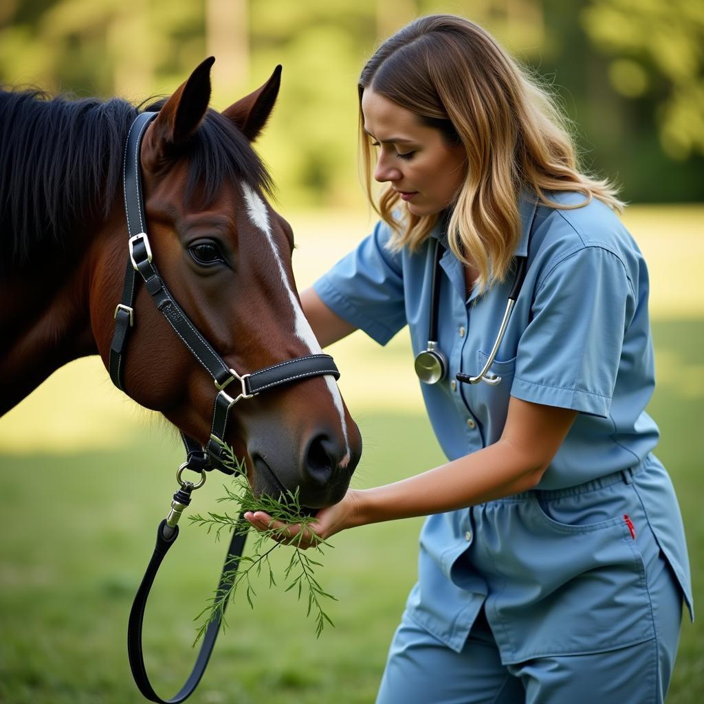 Veterinarian examining a horse for fescue toxicity