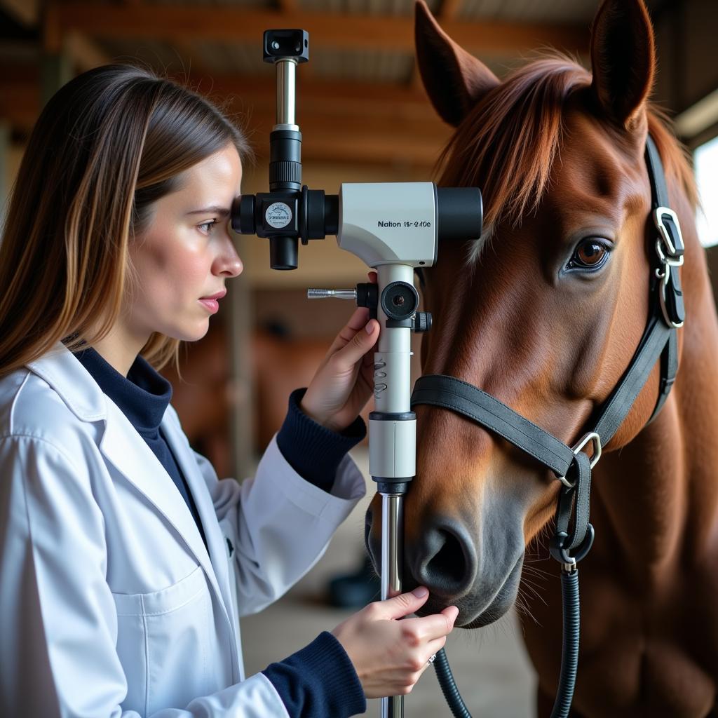 Veterinarian Using Specialized Equipment to Examine a Horse's Eye