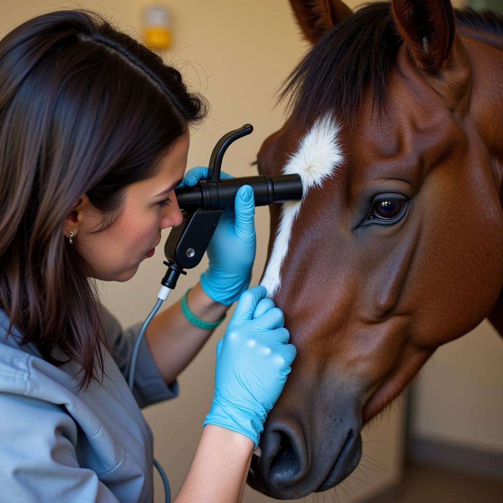 Veterinarian performing an eye exam on a horse