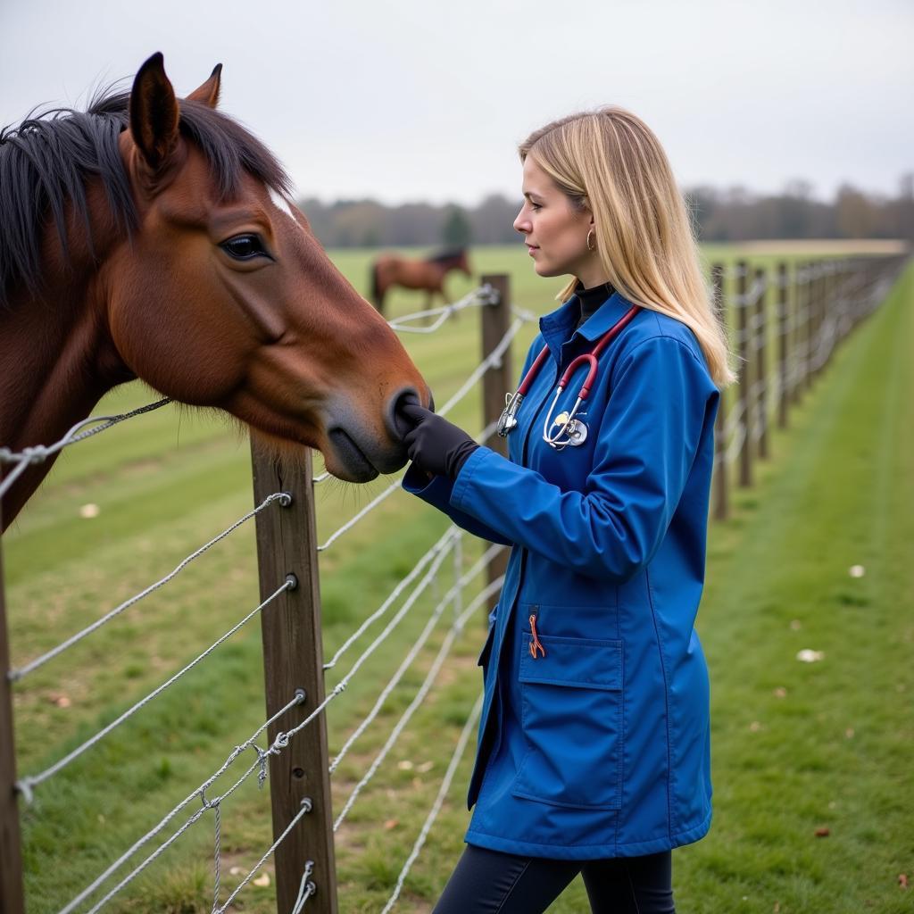 Veterinarian examining horse fence line