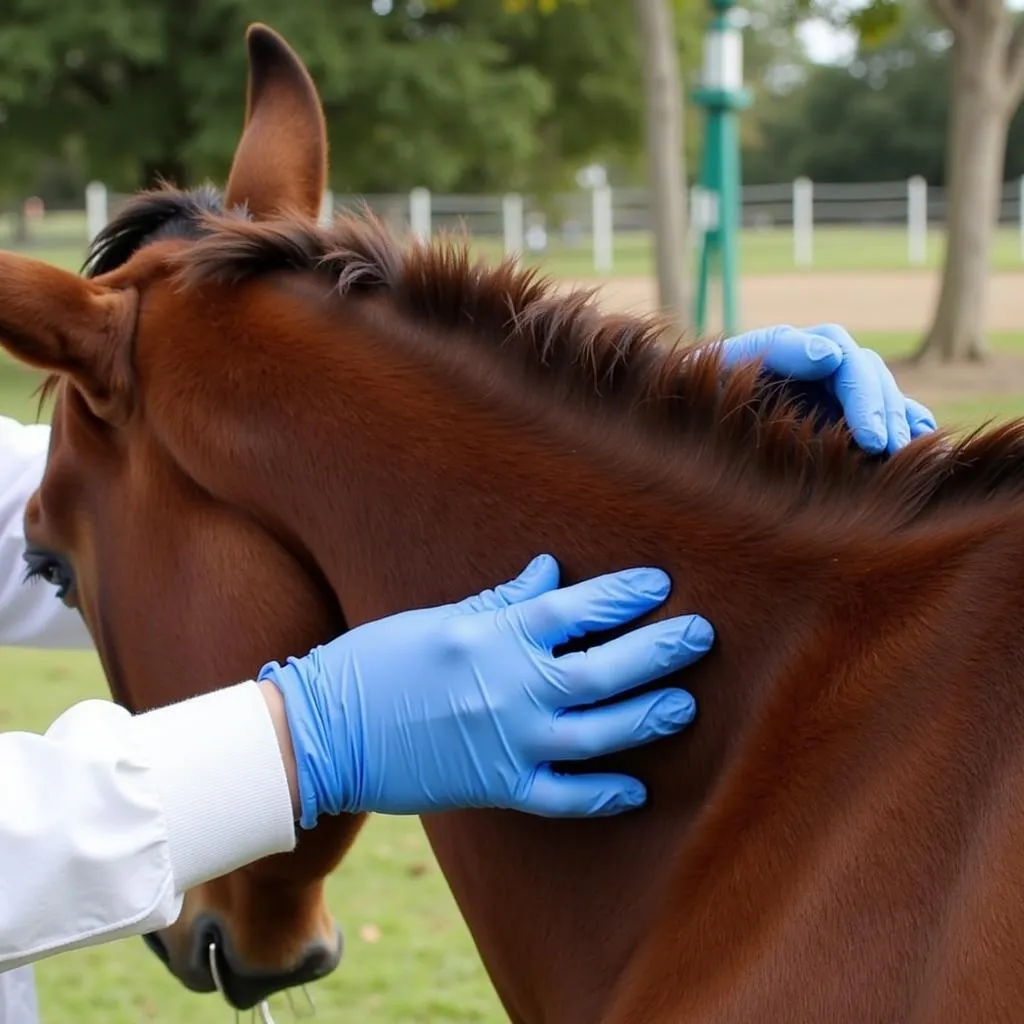 Veterinarian examining a horse for neck threadworms