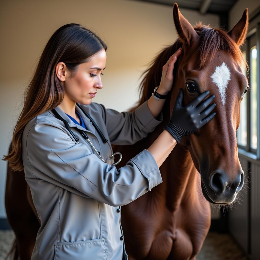 Veterinarian examining a horse's hair and skin