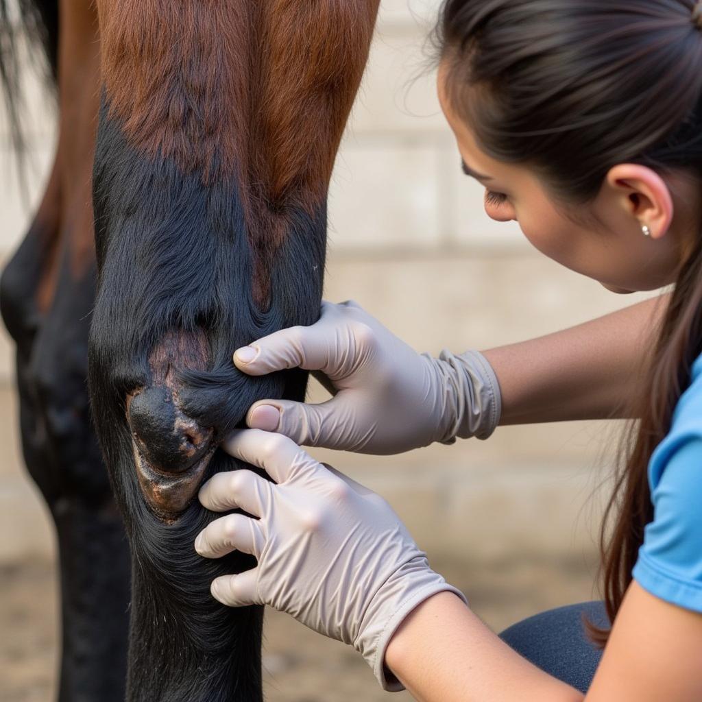  Veterinarian examining a horse's hock for signs of injury