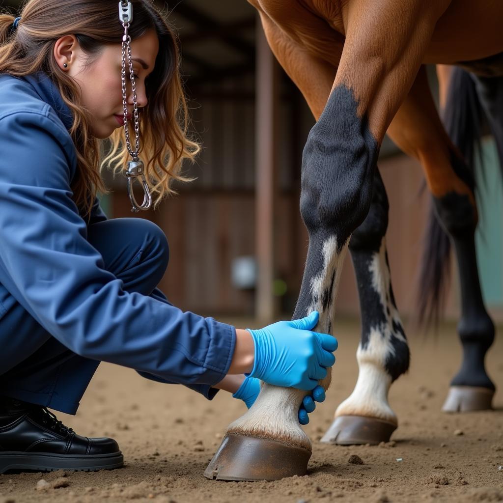 Veterinarian Examining Horse Hoof