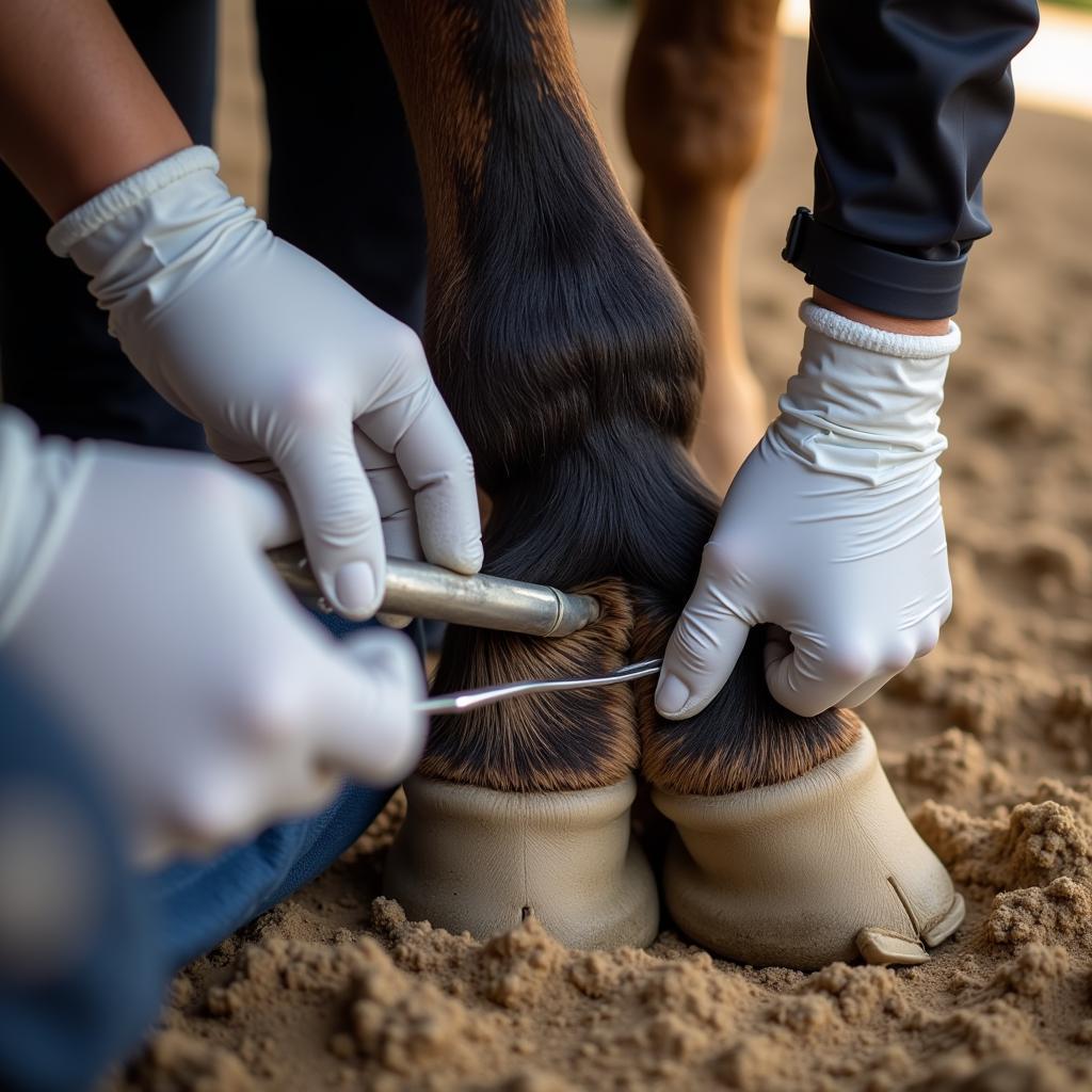 A veterinarian carefully examining a horse's hoof