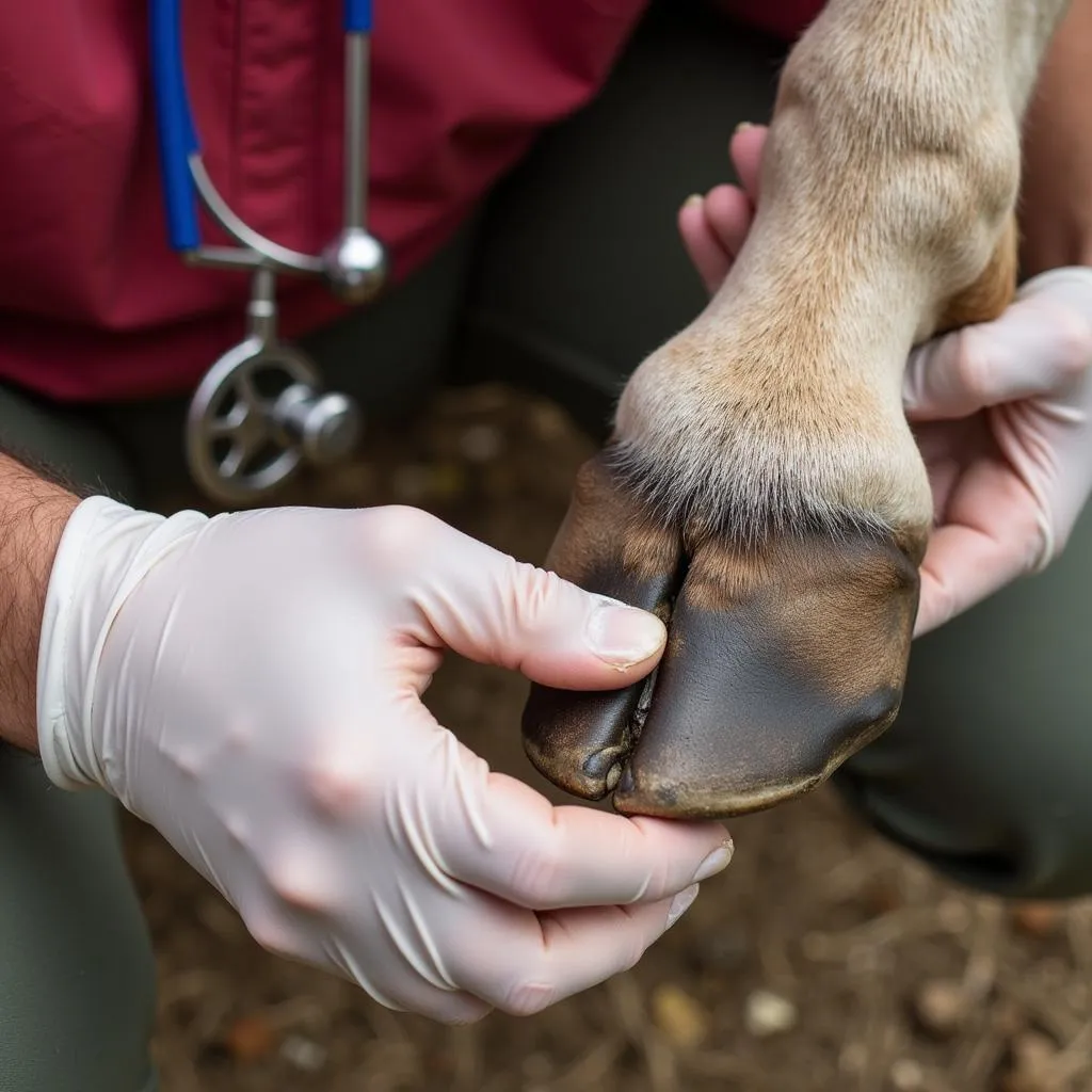 Veterinarian checking a horse's hoof 