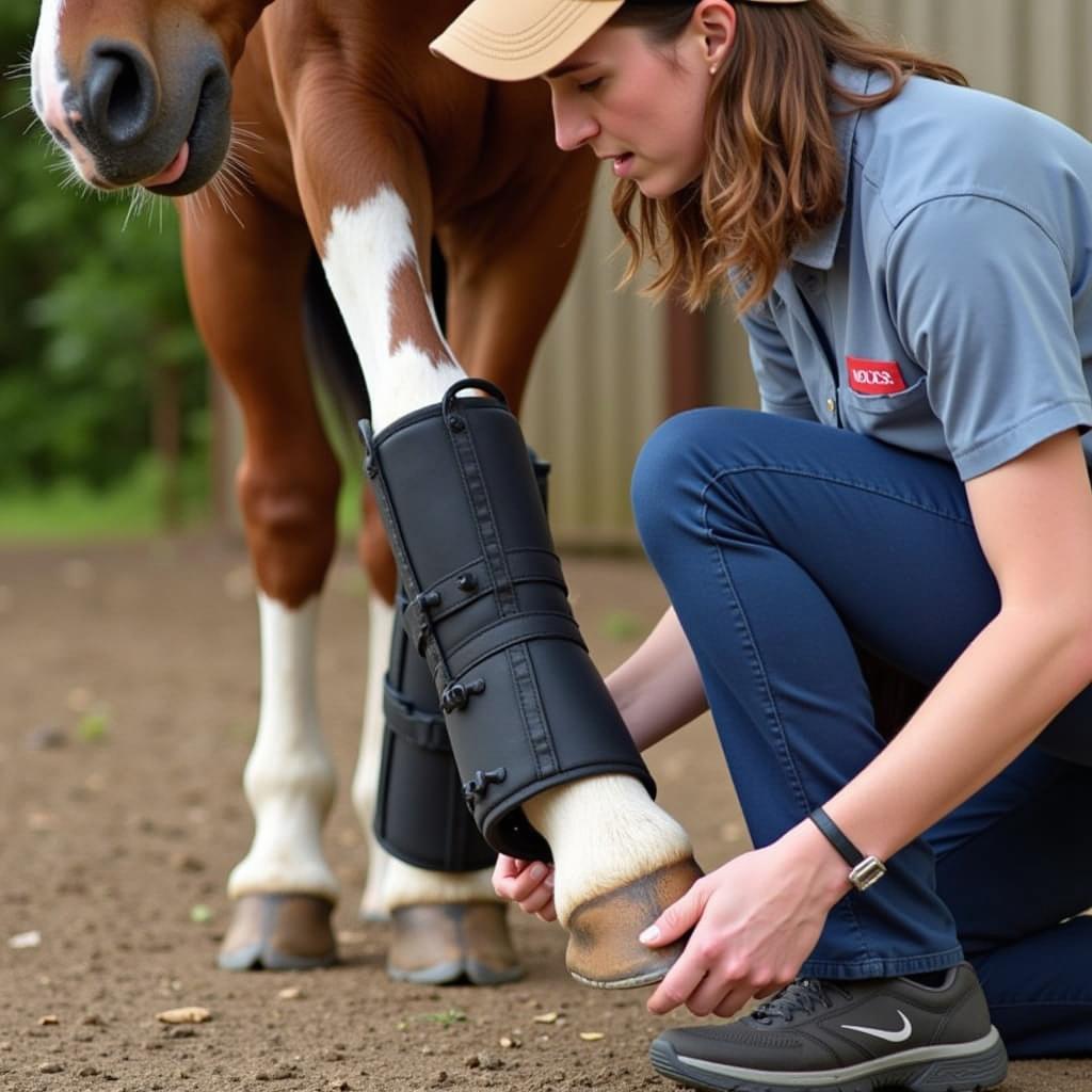 Veterinarian Examining Horse Hoof with Bell Boot