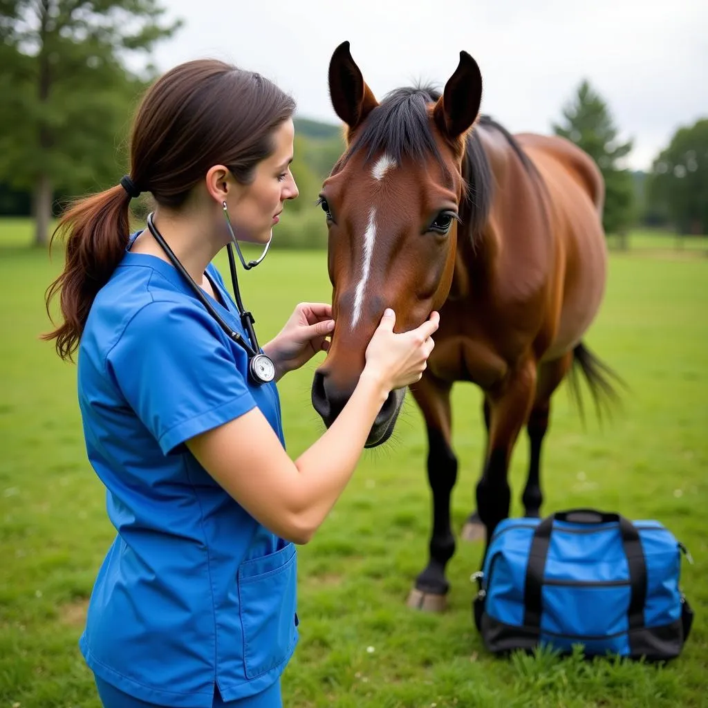 Veterinarian Examining Horse in Pasture