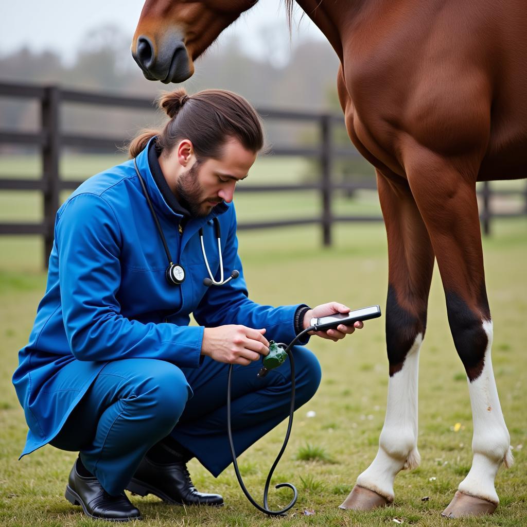 Veterinarian Examining Horse in Pasture