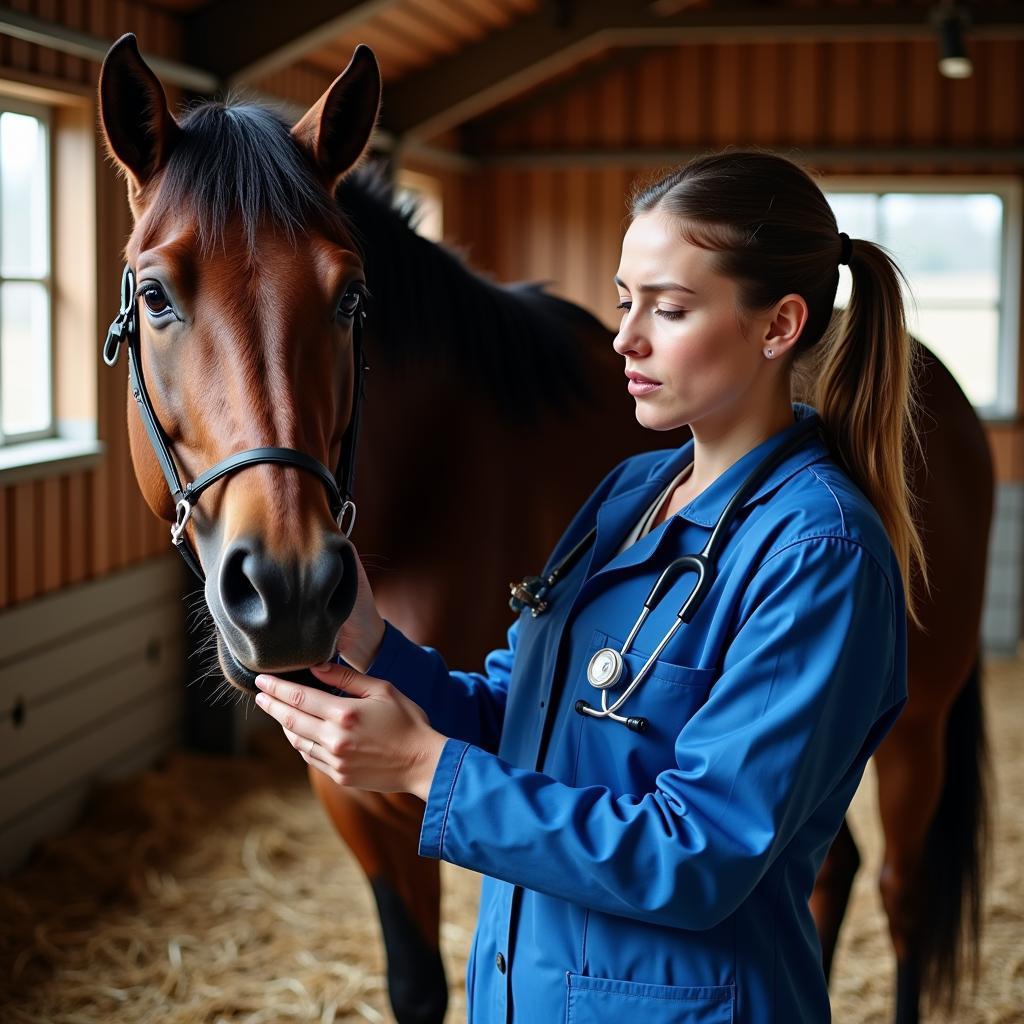 Veterinarian Examining Horse in Stable