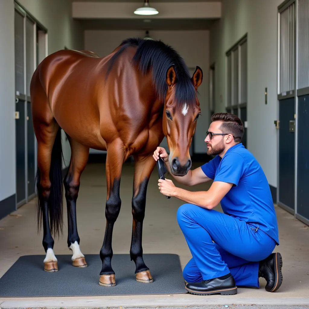 Veterinarian conducting a thorough leg exam on a horse