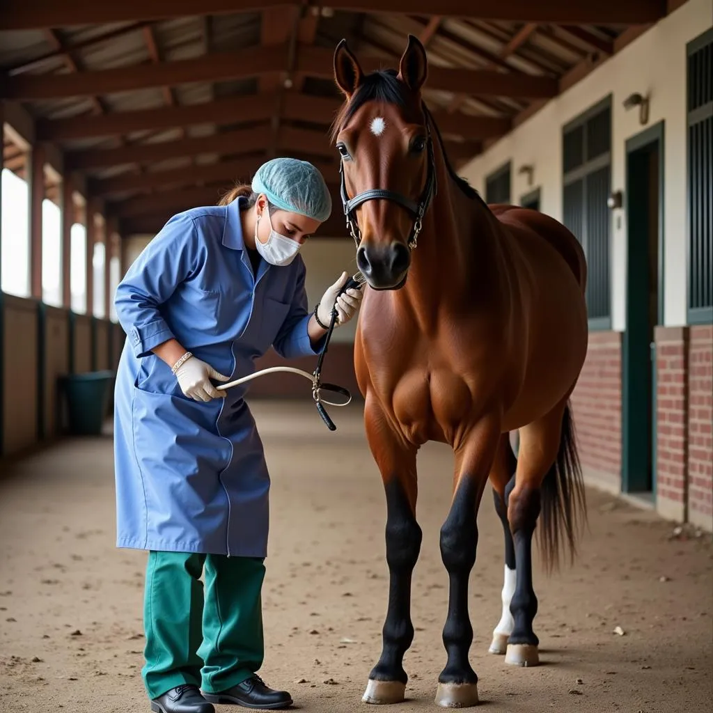 Veterinarian examining a horse's leg in a stable