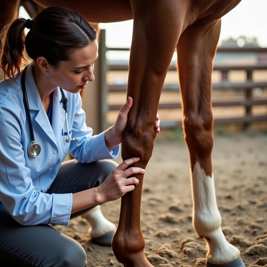 Veterinarian examining a horse's leg for signs of osteoarthritis