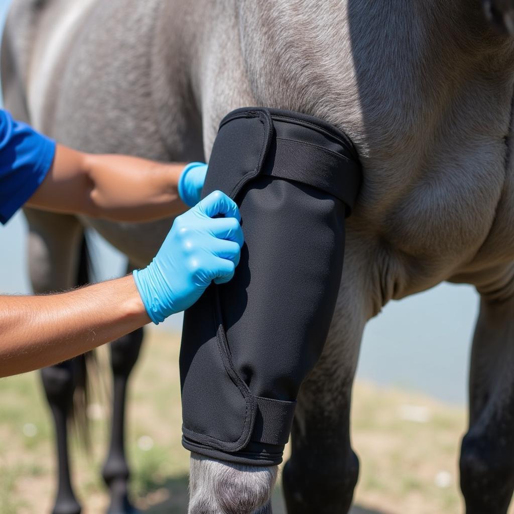 Veterinarian Examining Horse Leg with Magnet Wrap