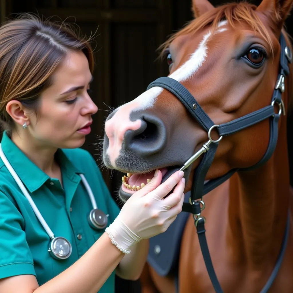 A veterinarian performing a dental checkup on a horse