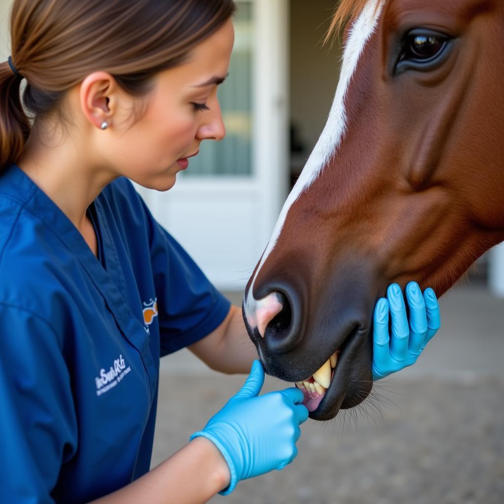 Veterinarian checking a horse's teeth