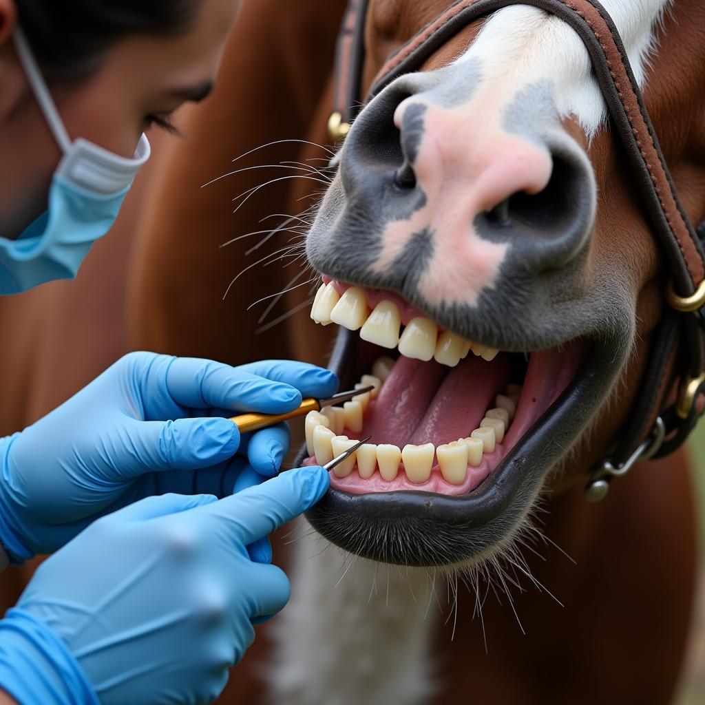 A veterinarian examining a horse's teeth