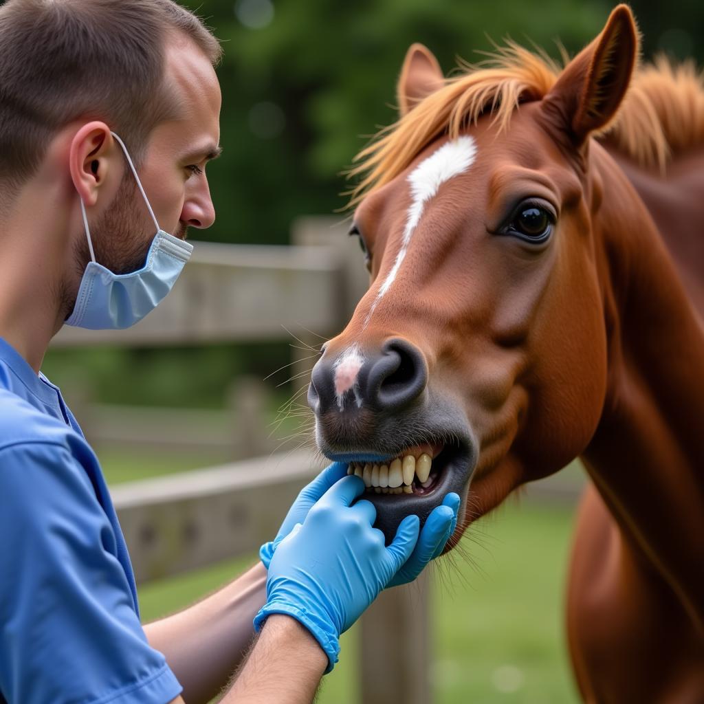 A veterinarian checks a horse's teeth