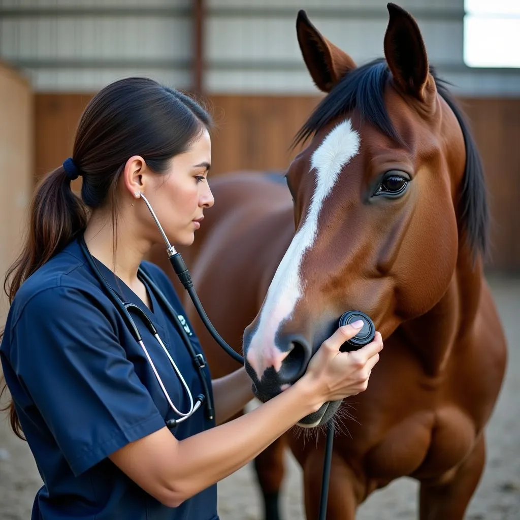 Veterinarian examining horse with a stethoscope