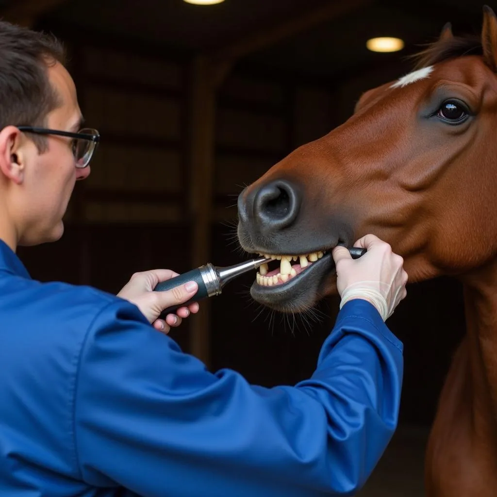  Veterinarian examining a Quarter Horse's teeth