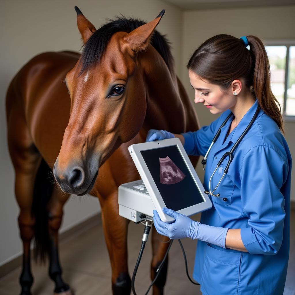 Veterinarian performing an ultrasound on a horse's leg