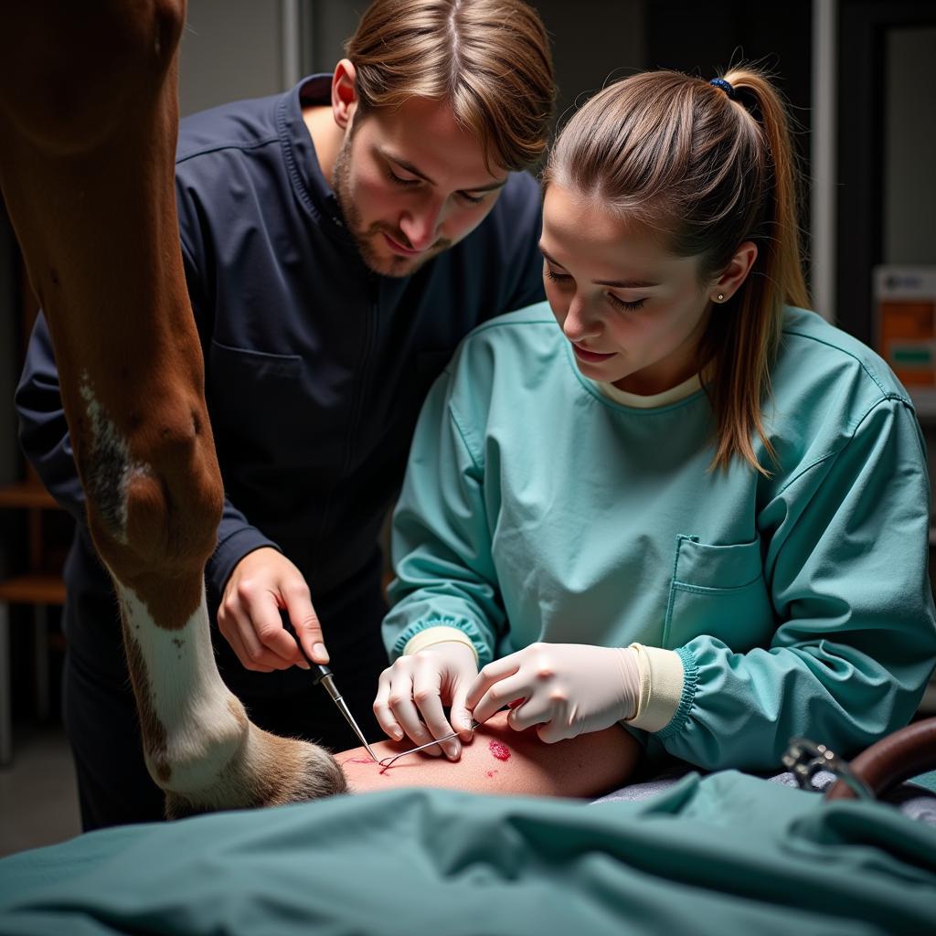 Veterinarian Suturing a Horse Wound