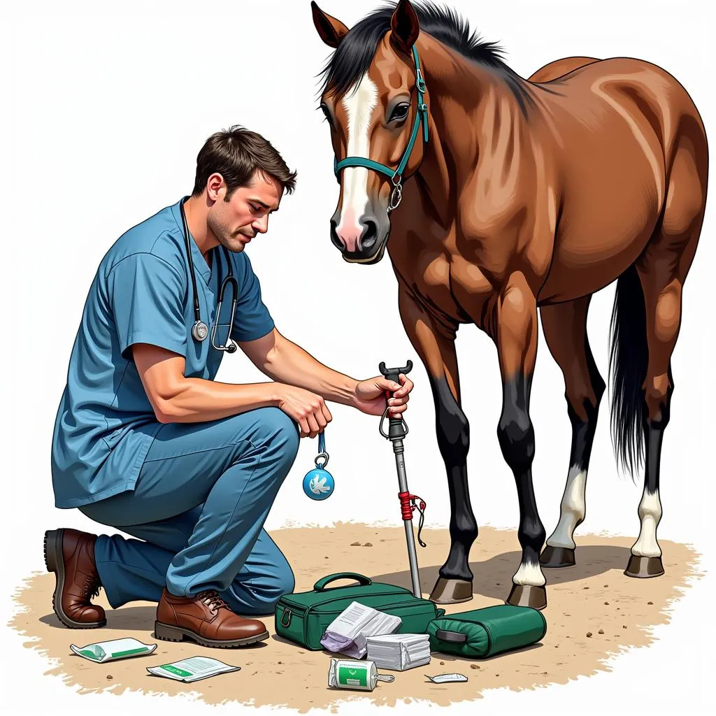 Veterinarian examining and treating a horse's leg injury.