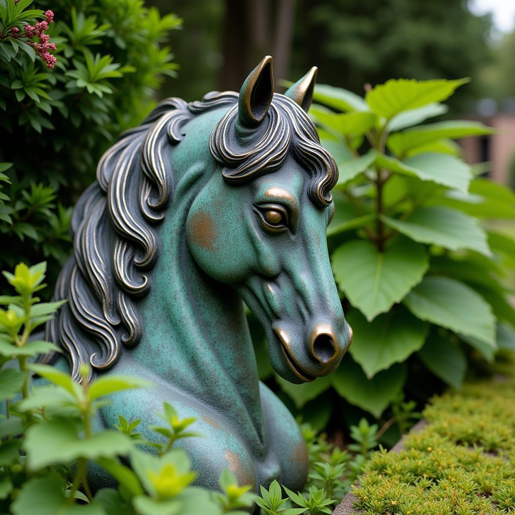 Antique bronze horse statue in a garden setting